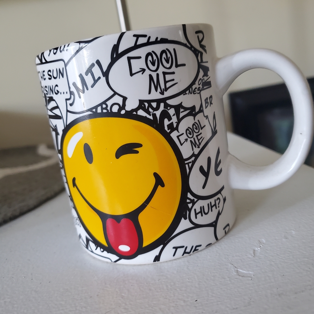 Yellow Emoji Tongue-Out Ceramic Mug with Black Graphics